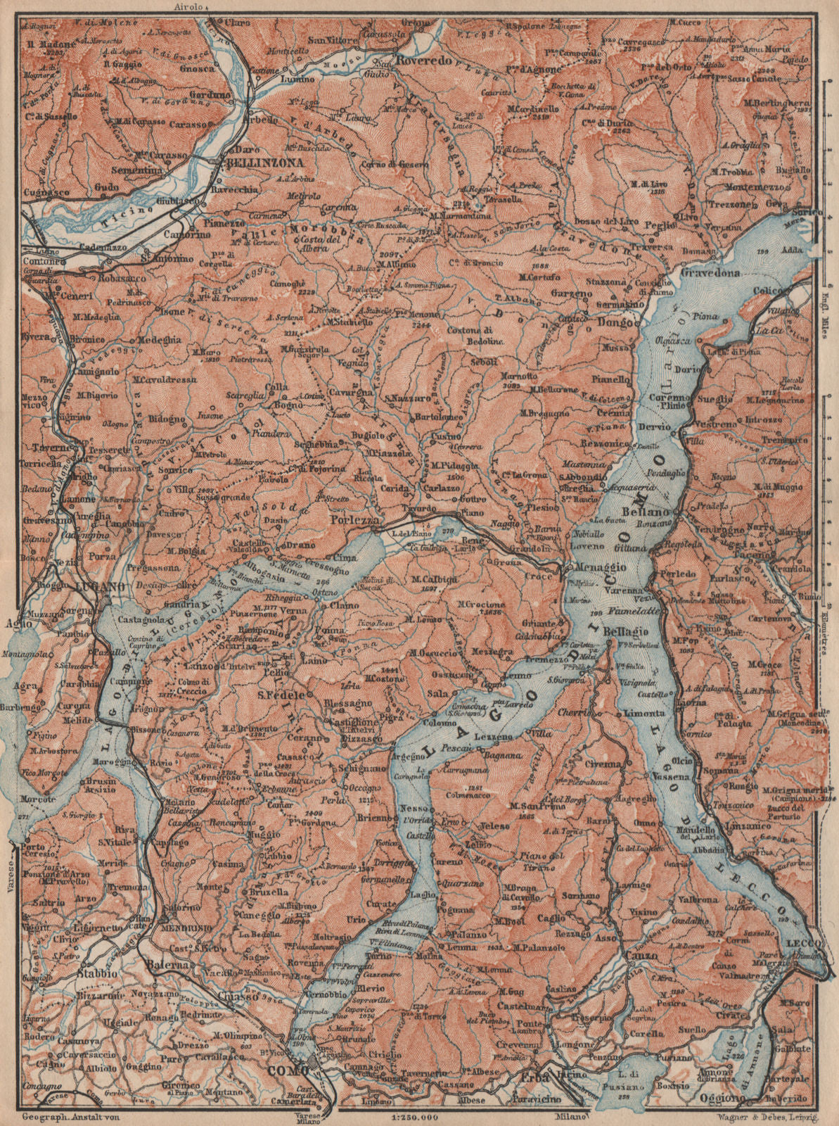 LAKES/LAGO DI COMO & LUGANO. Lecco Bellinzona. Topo-map. Italy mappa 1897